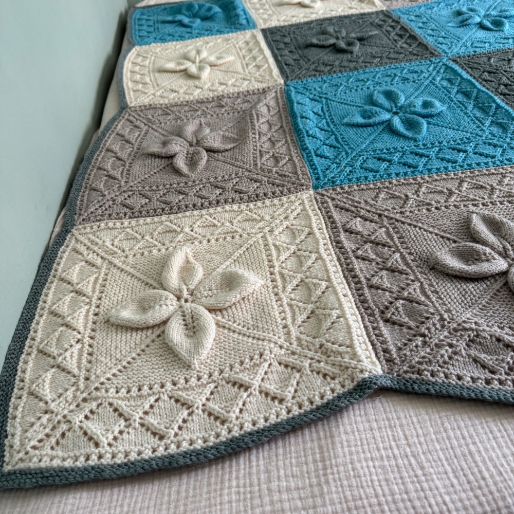 Handmade Knit Throw Blanket 66x66 Blue Grey Cream 3D Floral Granny Square SOFT! - Picture 8 of 13
